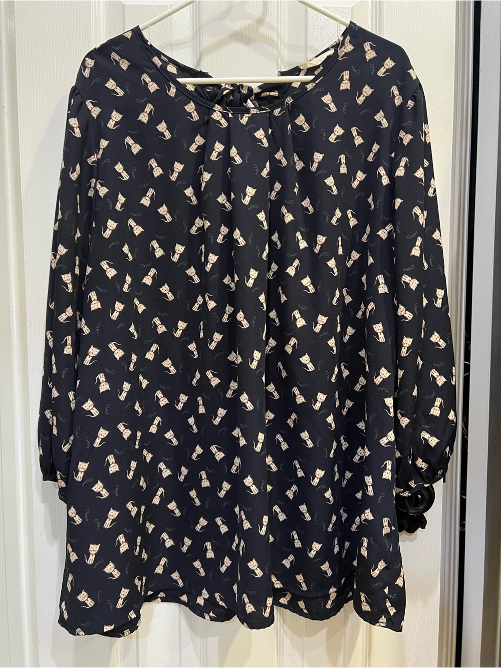 ODDY Whimsical Cat Print Long Sleeve Blouse Navy Plus Size 3X Cute Novelty